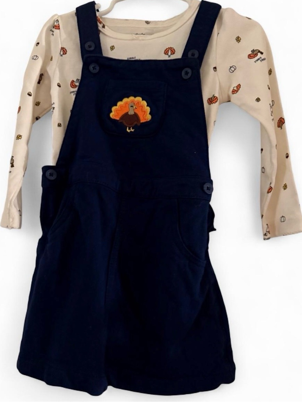 Kids Navy Corduroy Overall Dress with Beige Turkey Print Onesie